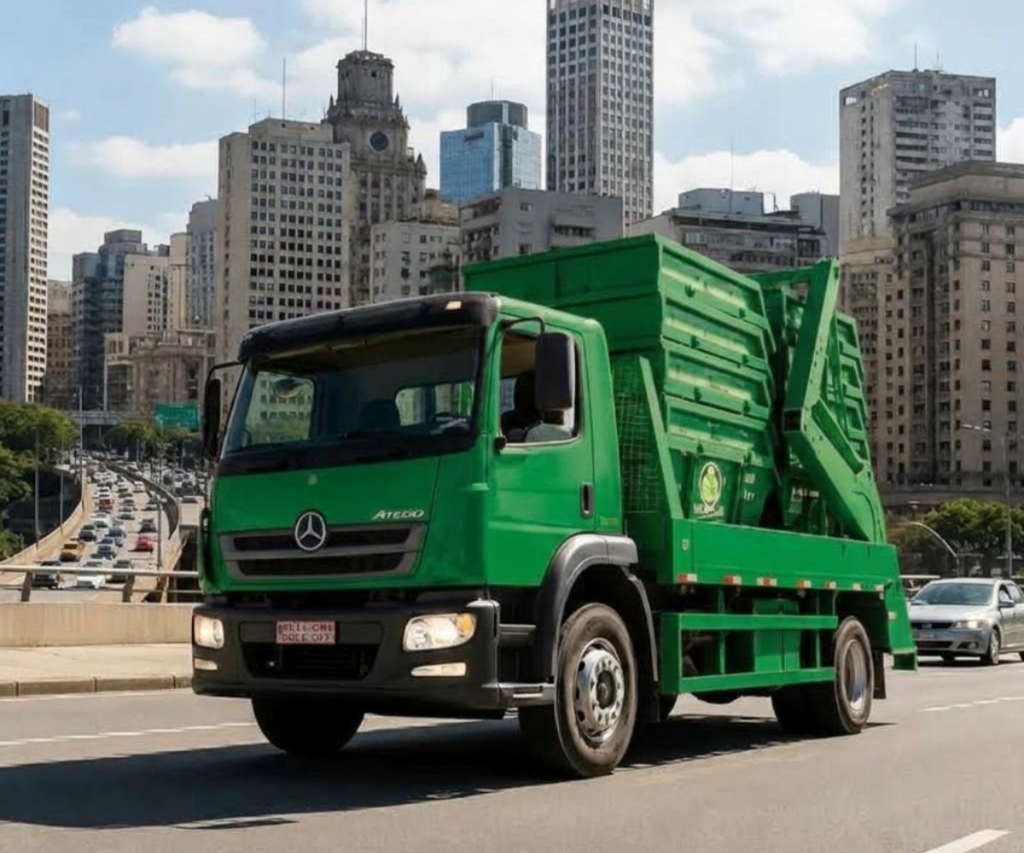 Caminhão com caçamba estacionária verde para entulho
